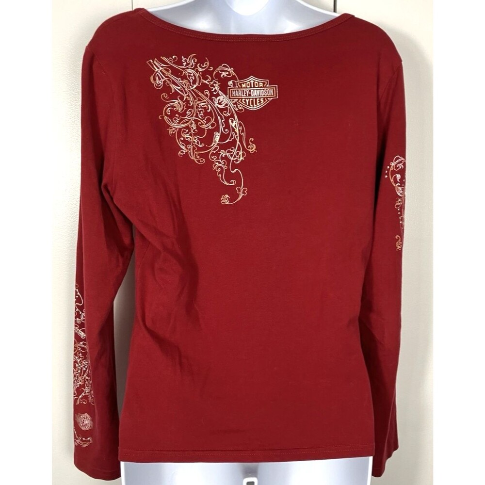 Harley Davidson Red & Gold Long Sleeve Silver Studs Embellishment Top Small - Picture 6 of 6